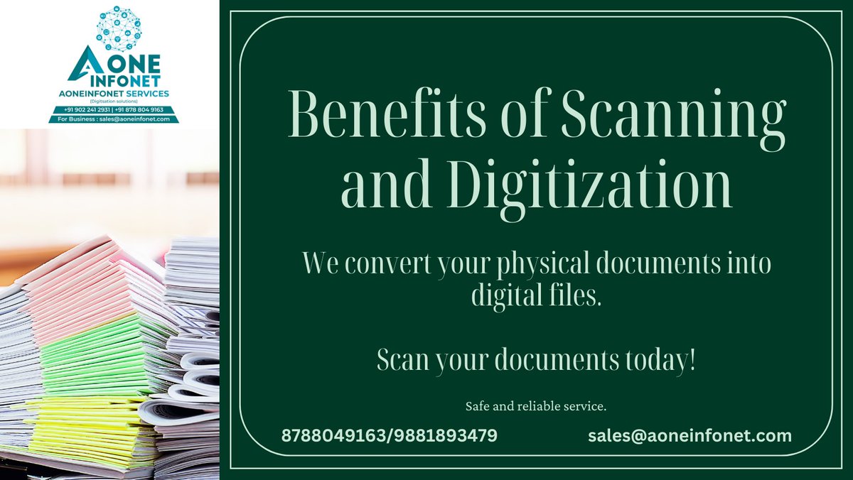 Improved customer service and productivity.
Cost savings.

Contact us for more details:
8788049163
9881893479
sales@aoneinfonet.com
aoneinfonet.com

#digitization
#document
#scanning #pdf #dataentry #startup #Entrepreneur  #bulkscanning
#saveenvironment
#savetrees