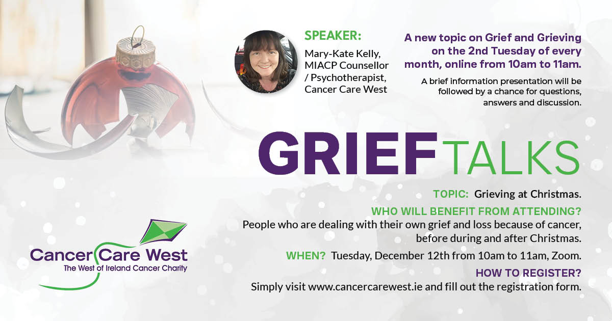 cancercarewest's tweet photo. Our next Grief Talks Webinar takes place on Tuesday 12th December. This months topic is Grieving at Christmas. Sign up today via https://t.co/gRrQTVPTpQ
#Grief #loss #Cancer https://t.co/wP7eJff1AH