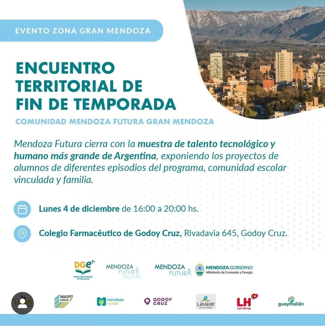 ProduccionMza's tweet photo. #Gestión #Mendoza    
¡Atención Gran Mendoza! Esta tarde los esperamos para compartir el Encuentro de Fin de Temporada de #MendozaFutura en Godoy Cruz ¿Nos acompañan? ¡No se queden afuera! https://t.co/YMUpUscxZc