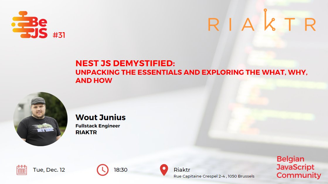 BeJS_'s tweet photo. Join @JuniusWout for a journey into the intricacies of #NestJS, during our last #BeJS #meetup of the year🤪

Meet us at @RIAnalytics 🙏🏼 for some good vibes &amp; 👩🏽‍💻🥪🍹🍻

RSVP 👉🏼 https://t.co/ORhfyNcnw9

#javascript #community #typescript #webdevelopment https://t.co/IX3Zisv7AJ