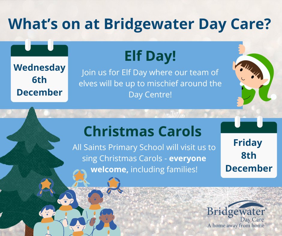 We have an exciting and festive week ahead at Bridgewater Day Care! 📅 Wednesday 6th December - Elf Day 📅 Friday 8th December - Christmas Carols (everyone welcome!) ⏲ 1.30pm We look forward to seeing you all!