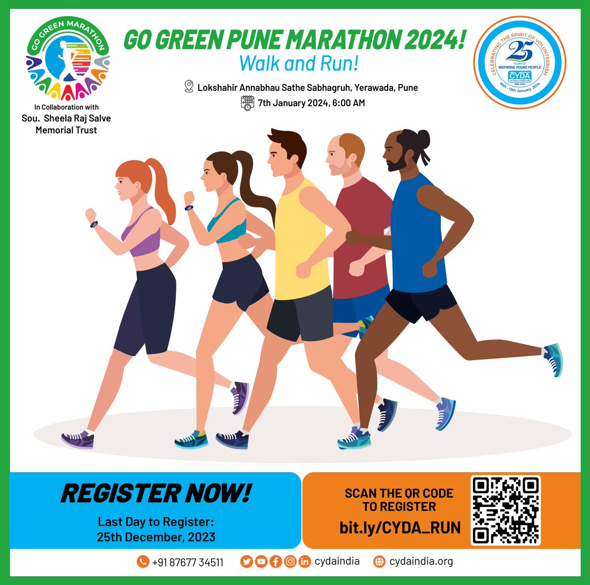 cydaindia25's tweet photo. Mark your calendars for the GO GREEN Pune Marathon!
🏃♀🏃♂ Join us for a physical run or participate virtually in 21.1KM or 42.2KM runs. 🌳
Register now: https://t.co/kelF6Sd8QI
#CYDAMarathon #GoCleanGoGreen #Fitness #teamwork #mindfulness #socialresponsibility https://t.co/65TPtSXnkj