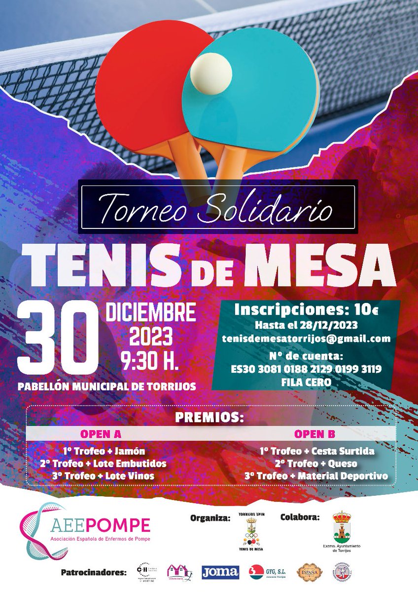 💗Torneo Benéfico Tenis de Mesa.
El próximo 30 de diciembre tenemos una cita con el tenis de mesa más solidario gracias al torneo organizado por el club Torrijos Spin de esta localidad toledana.
 ¡Gracias por esta iniciativa!