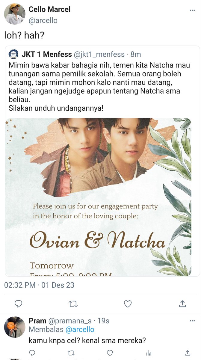 rrinbby's tweet photo. #OHMNANON ; #PERTHCHIMON LONG AU

— 𝗕𝗲𝗹𝘂𝗺 𝗨𝘀𝗮𝗶 (?)

Natcha dipaksa tunangan dengan Ovian, padahal ia belum bisa melupakan Cello—cinta masa kecilnya. Dan semua itu semakin rumit ketika Natcha mengetahui jika Cello adalah kekasih Pram—sepupunya. https://t.co/fNyH1tKfZU