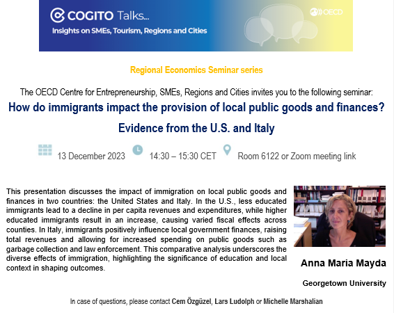 📅 Next session of @OECD Regional Economics Seminar (13 December): We are thrilled to host @mayda_anna (@Georgetown) who will discuss the impact of immigration on local public goods and finances in the US and Italy. To register: 👇 meetoecd1.zoom.us/meeting/regist…