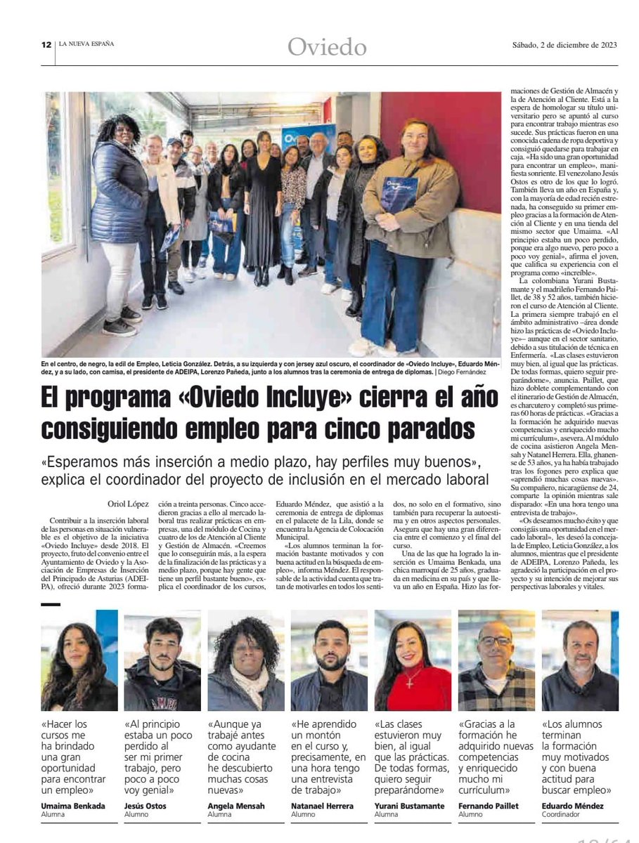 Repercusión en el periódico La Nueva España del acto de clausura de los itinerarios formativos Oviedo Incluye 2023.