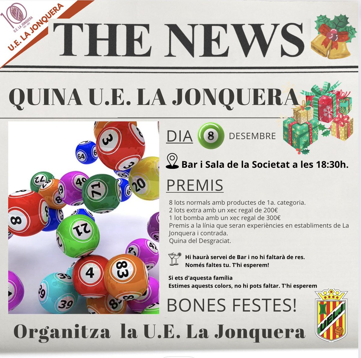 UELaJonquera's tweet photo. 📣🅄.🄴. 🄻🄰 🄹🄾🄽🅀🅄🄴🅁🄰📣
⠀
🟢 💥 𝗔𝗩𝗨𝗜, 𝗔𝗩𝗨𝗜 ...👉🏼 ⏰ Tic, ⏰ tac, ⏰ tic, ⏰ tac... S'acosta ... La Gran Quina de La U.E. La Jonquera i ve carregada de bons premis i xecs regal 💸.

👍 Recorda: aquesta tarda 8 de desembre a les 18:30 h.

⚽️ Som @UELaJonquera☘️ https://t.co/NoQEyezJrf