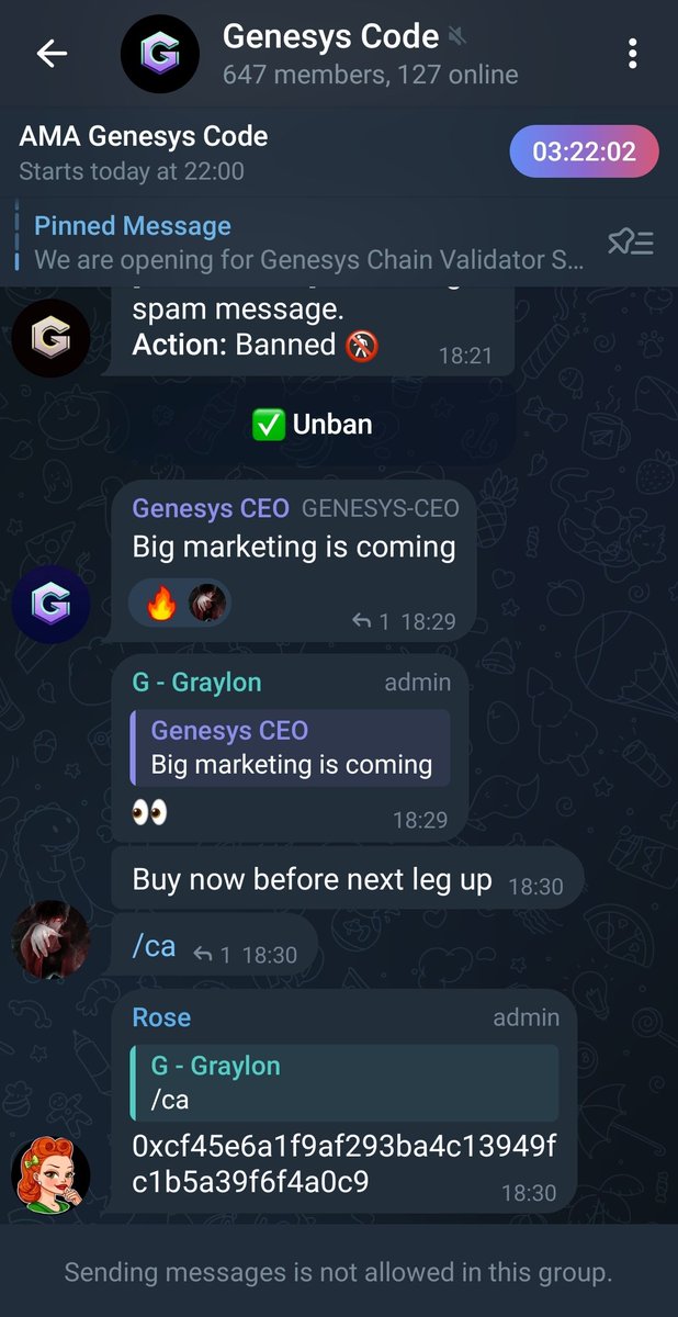rgr_park's tweet photo. This is literally what's going on in the #genesyscode TG 

The "CEO" &amp; the dev trying to get last minute sucker buys

Can't even finish a raid with 10 like requirements 

Don't buy, &amp; if u bought, sell before rug later https://t.co/kE7NAdBDlm