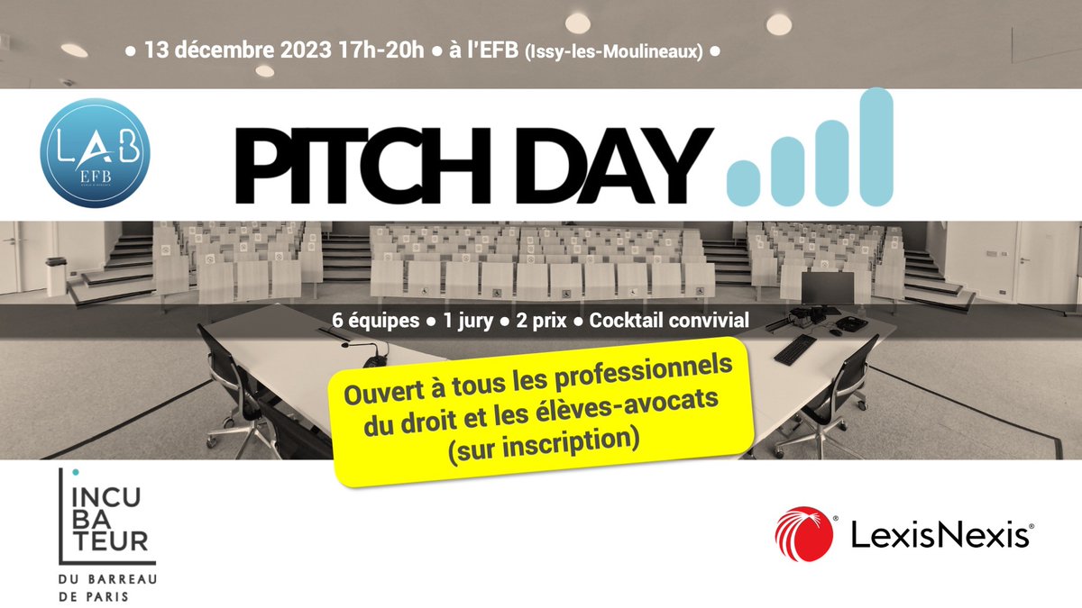 LexisNexisFr's tweet photo. @LexisNexisFr est fière d’être le partenaire de @efbparis pour le #PitchDay6 des élèves avocats du LAB EFB. Les 6 équipes finalistes présenteront leur projet en public et devant un jury. Professionnels du droit, pour vous inscrire📷: https://t.co/9TUgVty48g https://t.co/ikPtzQAVMo