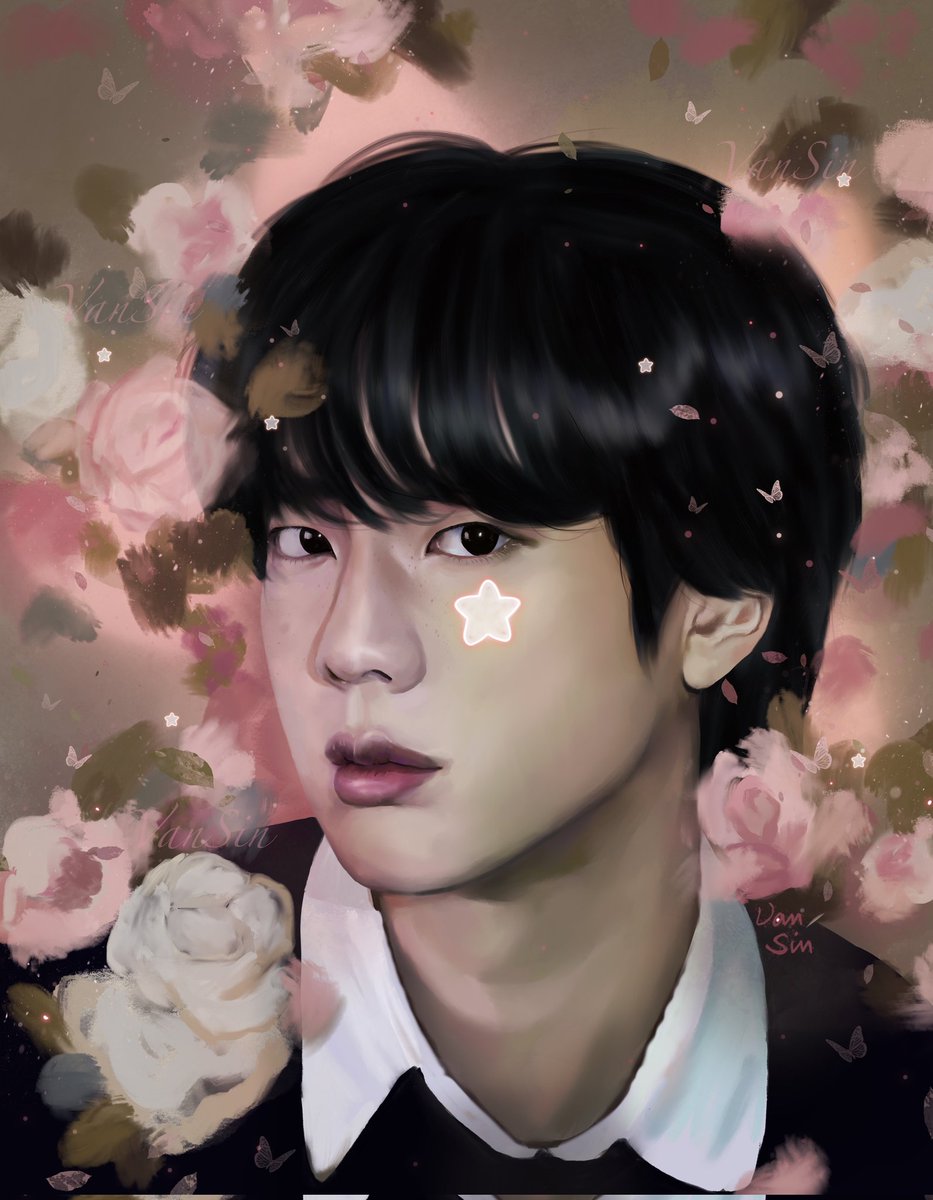 vansinarts's tweet photo. Happy birthday our moon, our beautiful star @BTS_twt 🎁🎂🎉
Thank you so much for being so amazing, kind and for sharing your love with us 🥰
Stay safe &amp; warm! See you soon in June 💜
 #HappyBirthdayJin
#BTS #KimSeokjin #btsjin  #WorldWideHandsomeJin #happyjinday #btsfanart
#그림 https://t.co/NC6XxvQnev