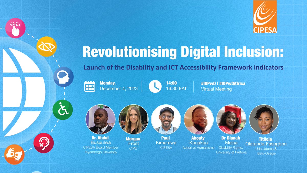 HAPPENING NOW! Join as we mark #IDPwD #IDPwDAfrica with a discussion on #digitalinclusion ahead of the launch of the second edition of the Disability and ICT Accesibility Framework Indicators. Join here >>> us02web.zoom.us/webinar/regist… #InternetFreedomAfrica