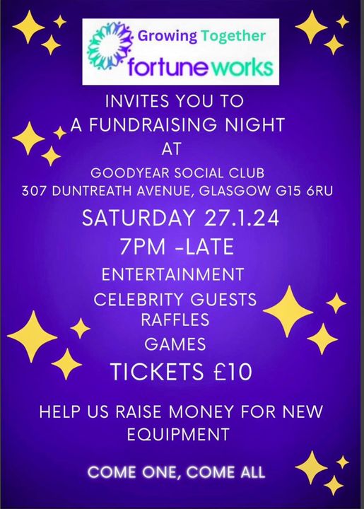 We are hosting a fundraising night on Saturday 27.1.24 at the Goodyear in Drumchapel to raise money for new equipment starting 7pm till late. Tickets can be purchased from Fortune Works for £10 and through this link here forms.office.com/e/UajfeSqKUy £5 entry for carers