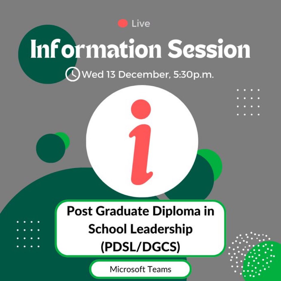 Applications are now open for the 2024 PDSL/DGCS Post Grad Diploma in School Leadership intake. Here is the link to the online info session: tinyurl.com/bddfft9a Information Session Details Below. 17.30-18.30pm Online. Dec. 13th