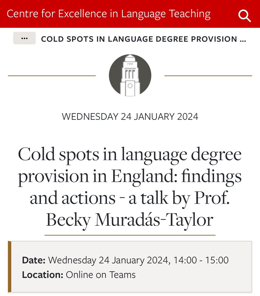 “Cold spots in language degree provision in England: findings and actions” - a public talk by Prof. @DrBeckyMT, 24 January 2024, 2-3pm, on Teams. All welcome! More details and registration: celt.leeds.ac.uk/events/cold-sp… #languages #MFLTwitterati #languagepolicyUK