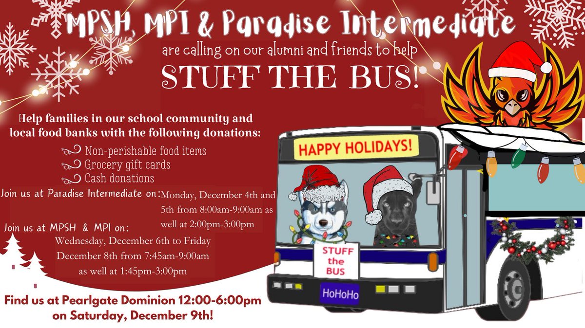 Tis the season of giving Paradise Phoenix! Today is the kick off for our joint Stuff the Bus food drive with <a href="/HuskiesMPSH/">Mount Pearl Senior</a> <a href="/mpipanthers/">MPI</a>. Non perishable food items or monetary donations can be dropped off at the bus in our parking lot during arrival or dismissal.