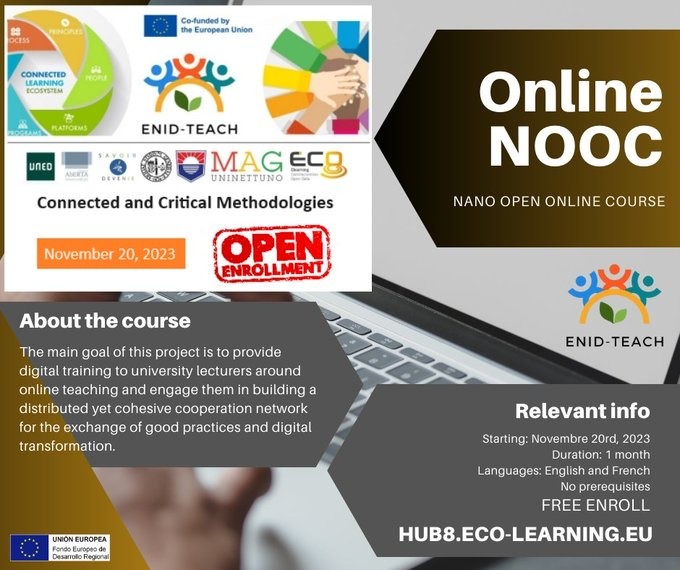 Recuerda, ya comenzó el curso gratuito: ¡Metodologías conectadas y críticas! 

En múltiples idiomas. Desde #enidteachproject puedes formarte  como profesorado universitario en distintas metodologías.

<a href="/ENID_TEACH/">ENID-TEACH Project</a> 

#UNED #ReCoin_Tad enidteach.eu/courses/