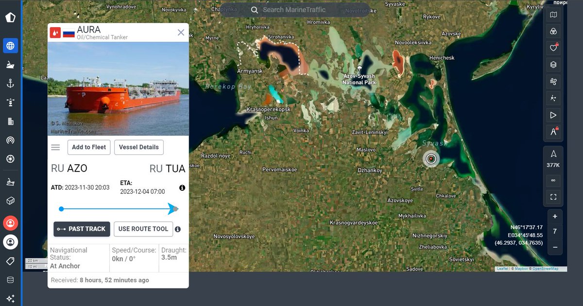 giammaiot2's tweet photo. 🇷🇺AURA Oil/Chemical Tanker
IMO 9624316
https://t.co/fciD3xNjPl
https://t.co/1LfYLMThU5
It seems stranded... it doesn't seem like a good area to navigate with a tanker...
GPS spoofing 🧐🥸🤓
#Crimea #Syvash
#Russia #Ukraine https://t.co/t9UYq0Ckbm