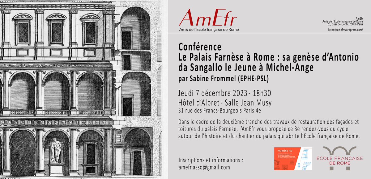 Dans le cadre du cycle de conférences autour du palais Farnèse et de sa restauration en cours, l’AmEFR vous convie à la présentation de la genèse du palais, par Mme Sabine Frommel, directrice d'études en histoire de l'art de la Renaissance.

<a href="/ef_rome/">École française Rome #ResEFE</a> 
<a href="/EPHE_PSL/">École Pratique des Hautes Études - PSL</a>