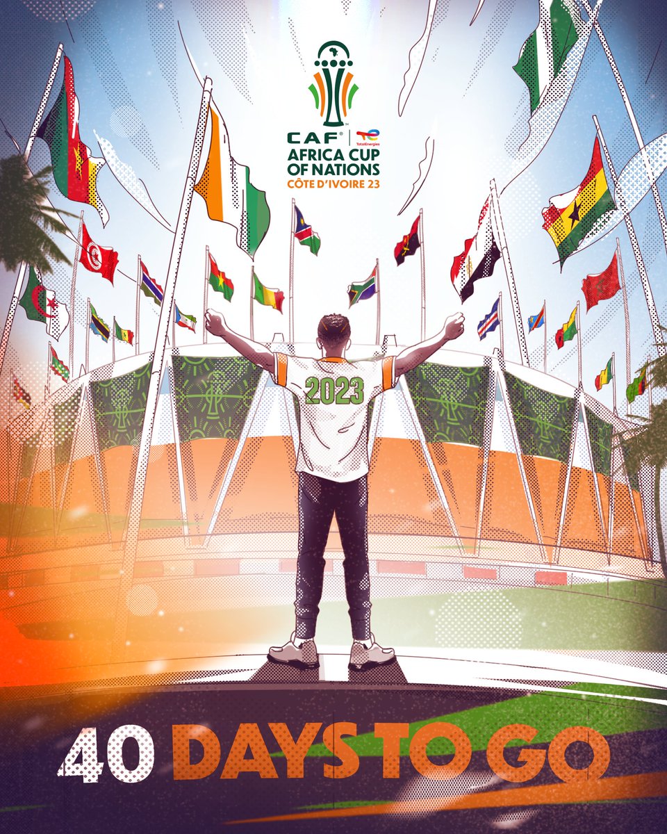 CAF_Online's tweet photo. Teams, players, nations, fans, officials, hosts, visitors, await. 

40 days left for Africa to gather in Côte d'Ivoire. 🇨🇮

#TotalEnergriesAFCON2023 https://t.co/EKVtWlysZ2