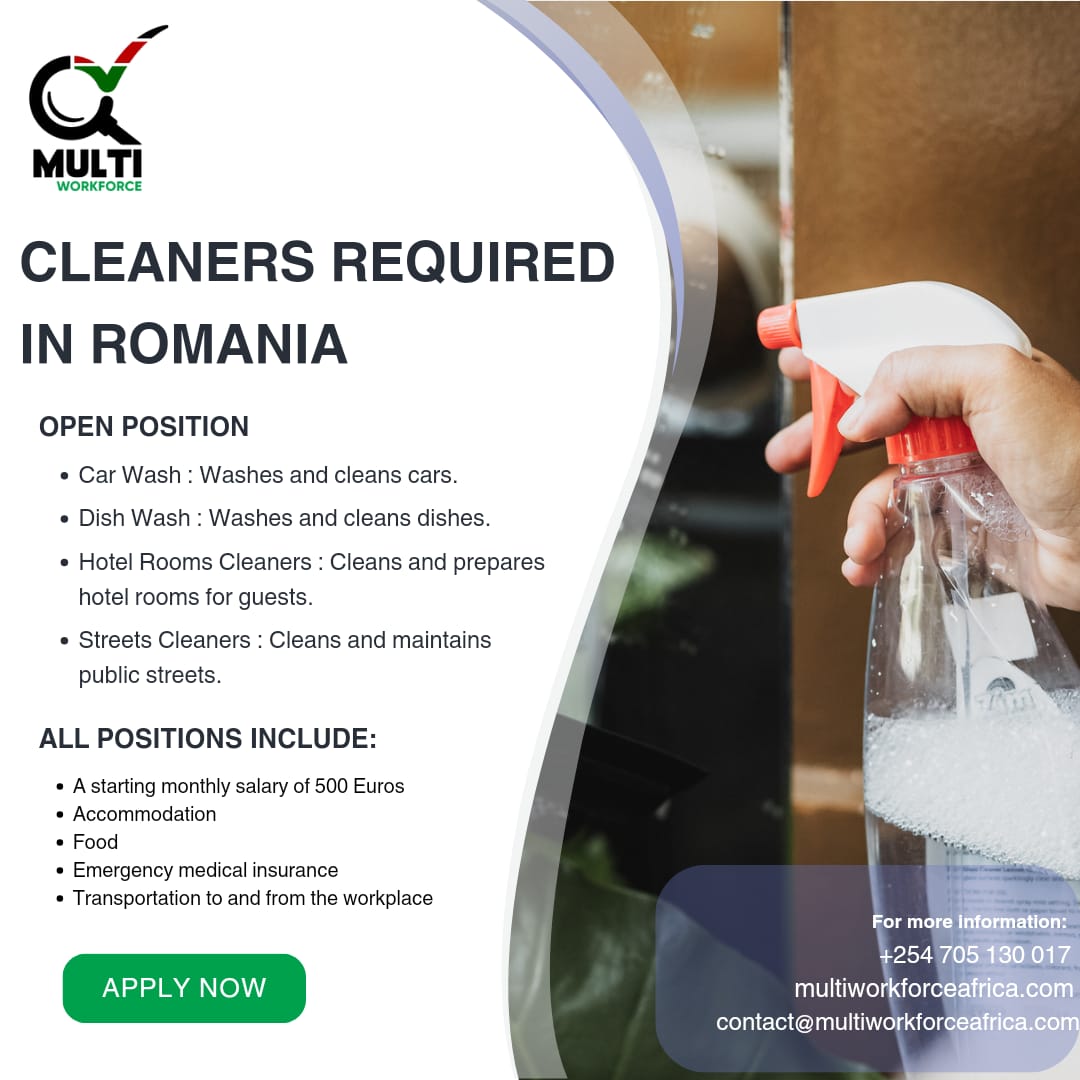 JobhubKenya's tweet photo. Transforming spaces, one immaculate corner at a time. Elevate your environment with our top-notch cleaner jobs in Romania. Where cleanliness meets perfection!  #CleanLiving #JobOpportunity #SparklingSpaces #Jobsabroad. https://t.co/vgVI4WmDt5