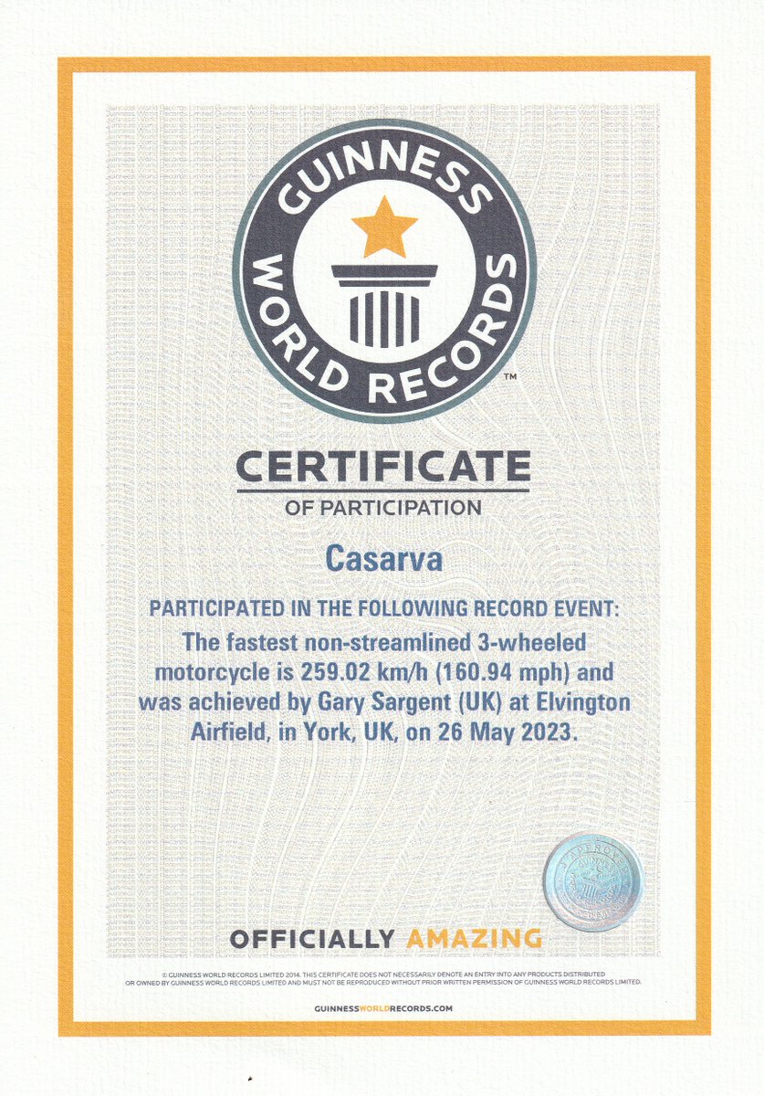 casarva's tweet photo. Guinness world Records Land Speed Record certificate of participation. "The Punisher" chain drive IRS trike ridden by Gary Sargent set the non streamlined Trike record in May and now we have the certificate to prove it! https://t.co/4Oukwk19WQ