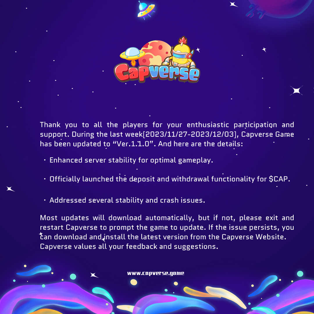 capinfra_io's tweet photo. 📢 #CapverseUpdate Notice [Nov. 27- Dec. 03]

Last week, we performed hot updates on the App and addressed several bugs and crash issues.

👇 Check out the pics below for the details
✅ Stay tuned for weekly updates
#gameupdate #PlayToEarn #NFTs https://t.co/I8TBgRB1mK