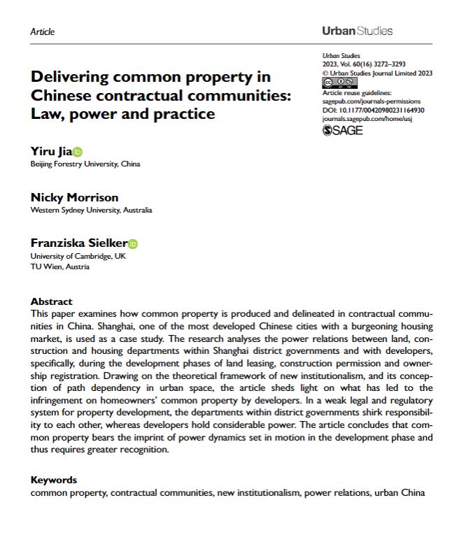 USJ_online's tweet photo. Delivering common property in Chinese contractual communities: Law, power and practice by Yiru Jia, Nicky Morrison and Franziska Sielker
https://t.co/3MrUJ9unbO
#OpenAccess #NewInstitutionalism #PowerRelations #UrbanChina https://t.co/KwHUMx9FLx