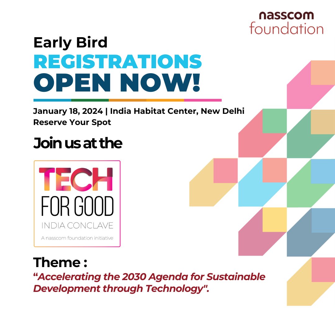nasscomfdn's tweet photo. Get ready to be a part of our upcoming TechForGood India Conclave 2024 on January 18, 2024. Join us as we delve into the theme "Accelerating the 2030 Agenda for Sustainable Development through Technology,"
Register now! https://t.co/Hw0vlhfHhZ
.
.
#SDGs #Act4SDG #SDG2030 #SDGs https://t.co/BbYQKfEer5