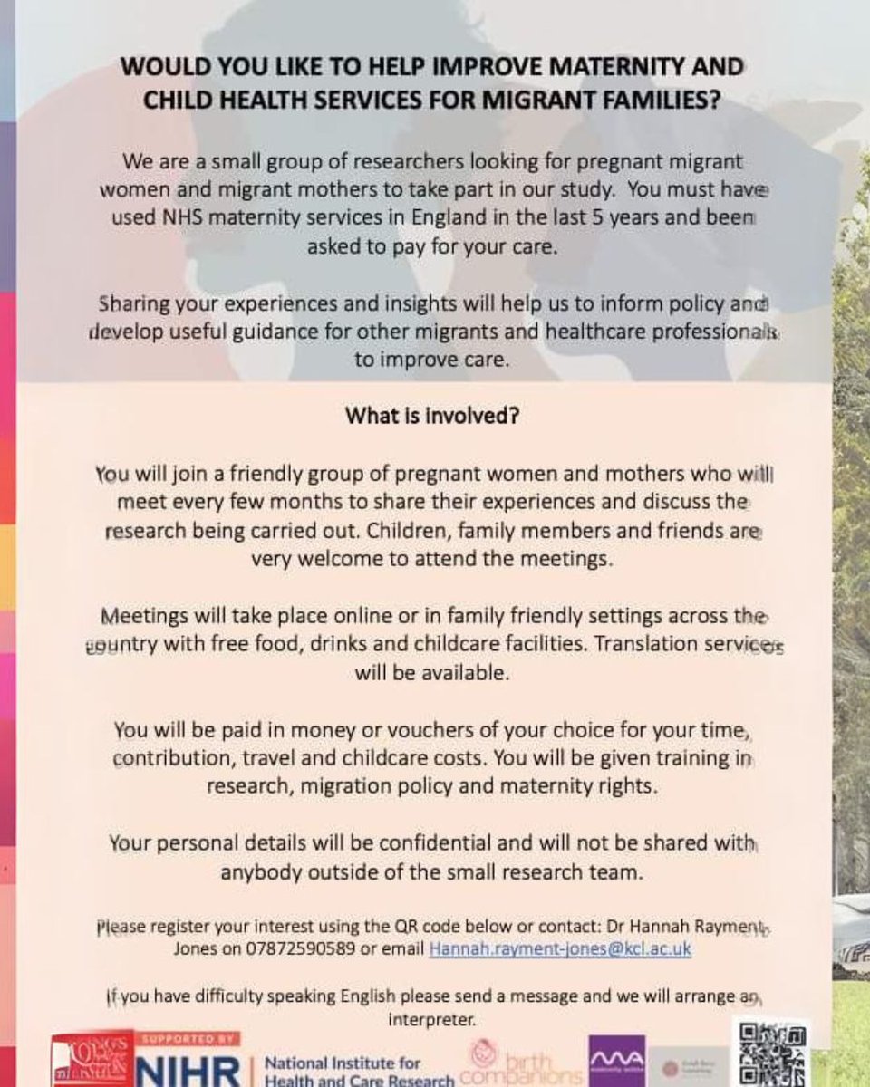 DerbysMNVP's tweet photo. Are you a pregnant migrant woman or mother who has used NHS maternity services in England in the last 5 years?
- Shape maternity and child health policies
- Provide insights for fellow migrants and healthcare professionals
- Free food, drinks, and childcare facilities provided https://t.co/wUkBggNaFI