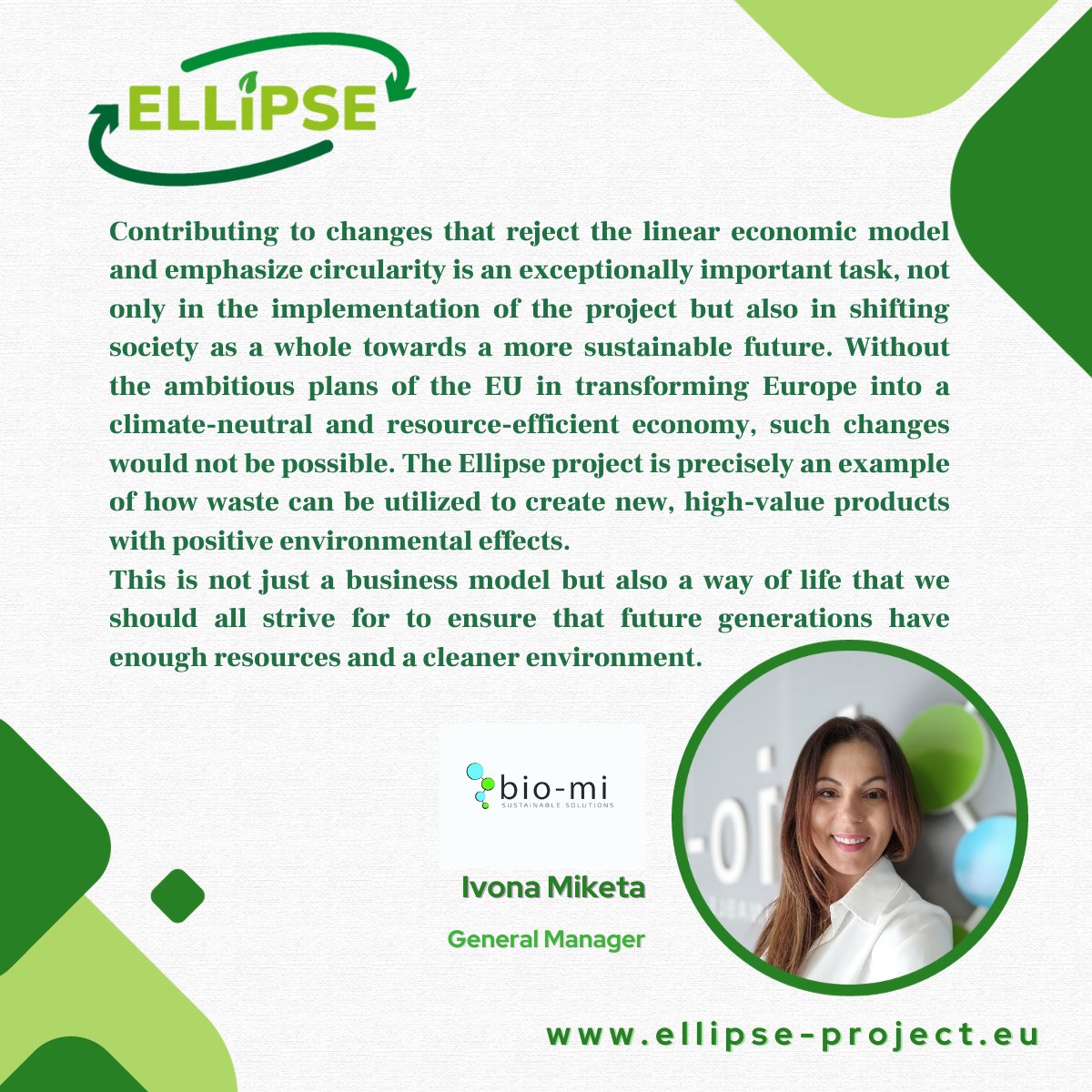 ELLIPSE_Project's tweet photo. 4️⃣ th project representative featured in #WhatELLIPSEmeanstome is @ELLIPSE_Project's General Manager: 𝓘𝓿𝓸𝓷𝓪 𝓜𝓲𝓴𝓮𝓽𝓪 from @mi_sustainable. ♻
#WhatELLIPSEmeanstome🖍
It's #ELLIPSETuesday📣
#bioprocesses #wastevalorisation #circulareconomy #sustainability #innovation https://t.co/twH0Y91bPS