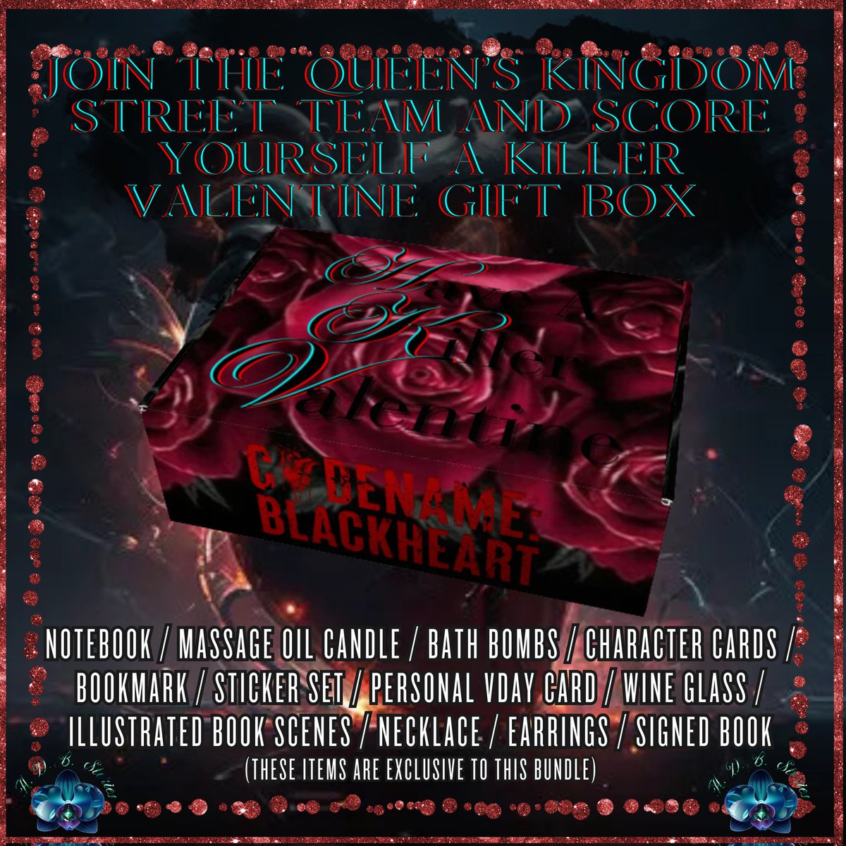 ADB_Stories's tweet photo. Signing up to my street team comes with fun perks! Such as earning yourself the Killer Valentine Gift Box with the release of my book Codename: Blackheart.
https://t.co/nPRhYXZUF4
#CodenameBlackheart🖤 #CodenameTrilogy #Giveaway #BookRelease #ComingSoon #GiftBox https://t.co/I5HgrXSiLE