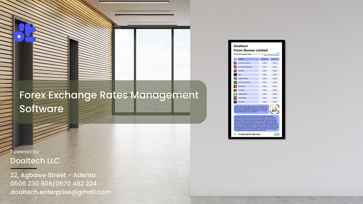 nana_doaltech's tweet image. Seize the competitive edge! Our Forex Exchange Rates Management software ensures real-time accuracy and agility in adapting to market fluctuations. Elevate your bureau&apos;s performance today! Contact us for a demo today on 0506230908. 💹 #CurrencyTrading #TechInFinance