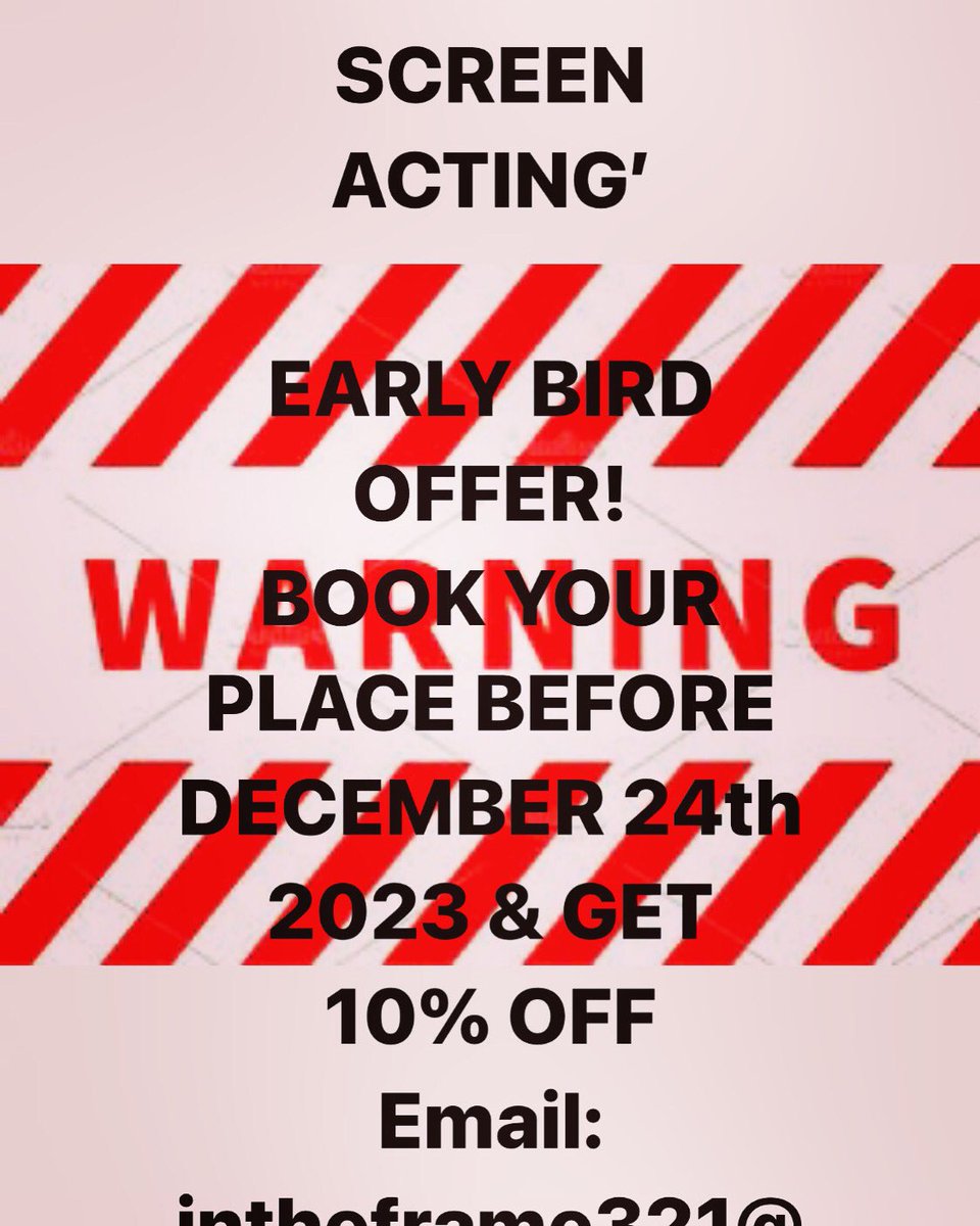 EARLY BIRD OFFER!!!
Book your place on the ‘INTRO TO SCREEN ACTING’ workshop (24/2/24 Newcastle upon Tyne) before DECEMBER 24th 23 and receive 10% 
INTHEFRAME321@gmail.com 
#specialoffer #acting #newcastle #toon #ne1 #geordie #theatre #rivertyne #actingclass #newcastlecreative