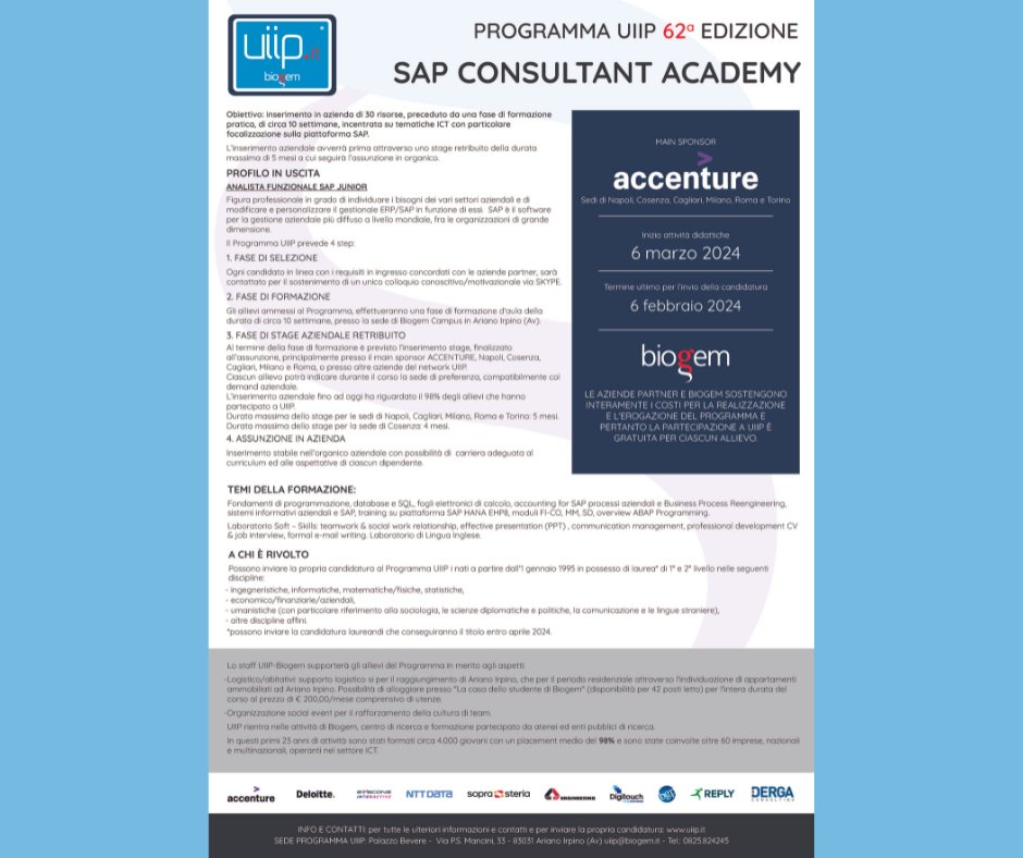 Ufficialmente aperti i bandi della 62° edizione del Programma UIIP.   Opportunità di formazione e lavoro in ambito SAP, Digital Web e Digital Analytics per giovani laureati di 1º e 2º livello.