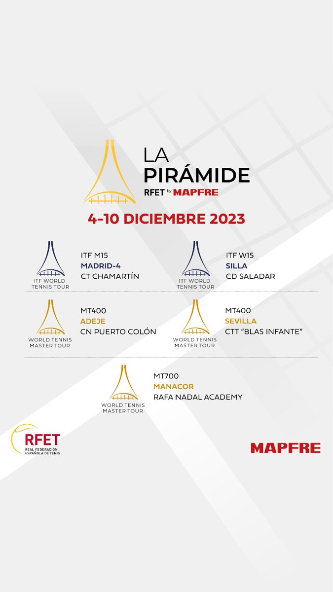 ¡Nueva semana de #LaPiramideRFET by <a href="/MAPFRE_ES/">Mapfre España</a>!

#ITF 🚹 en el <a href="/tenischamartin/">Club Tenis Chamartín</a> 
#ITF 🚺 en el <a href="/CD_Saladar/">C. D. Saladar</a> 

Y tres torneos de veteranos 👇🏻

2⃣ MT400 en <a href="/CNPuertoColon/">C. N. Puerto Colon</a> y <a href="/CTTBlasInfante/">CTT Blas Infante</a> 
1⃣ MT700 en la <a href="/rnadalacademy/">Rafa Nadal Academy</a>