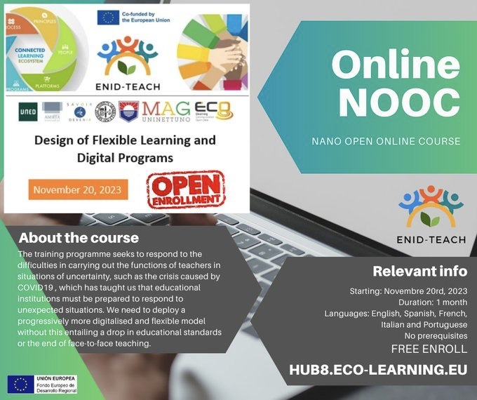 ¡¡Recuerda, ya comenzó el curso gratuito de: Diseño de aprendizaje flexible y programas digitales!!.

 Desde #enidteachproject puedes formarte  como profesorado universitario en distintas metodologías.
<a href="/ENID_TEACH/">ENID-TEACH Project</a>
#UNED #ReCoin_Tad enidteach.eu/courses/