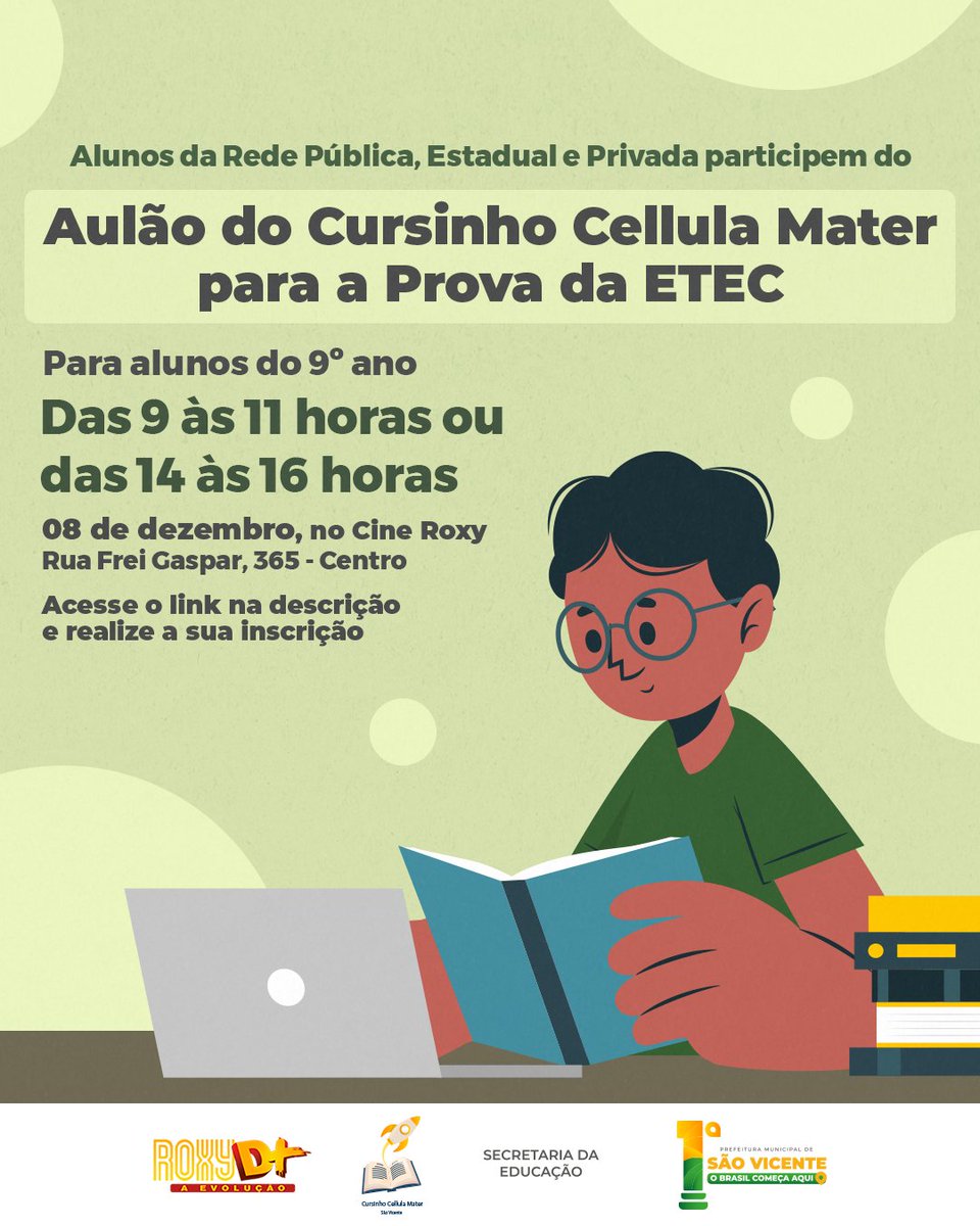 PrefeituraSV's tweet image. Preparar os alunos do 9º ano é o objetivo do Cursinho Cellula Mater, que realiza um #Aulão para a prova da Fortec! ✅

🔗 O evento é gratuito e basta o aluno realizar a inscrição on-line por meio dos links:
👉 Manhã: bit.ly/CursinhoCellul…
👉 Tarde: bit.ly/CursinhoCellul…