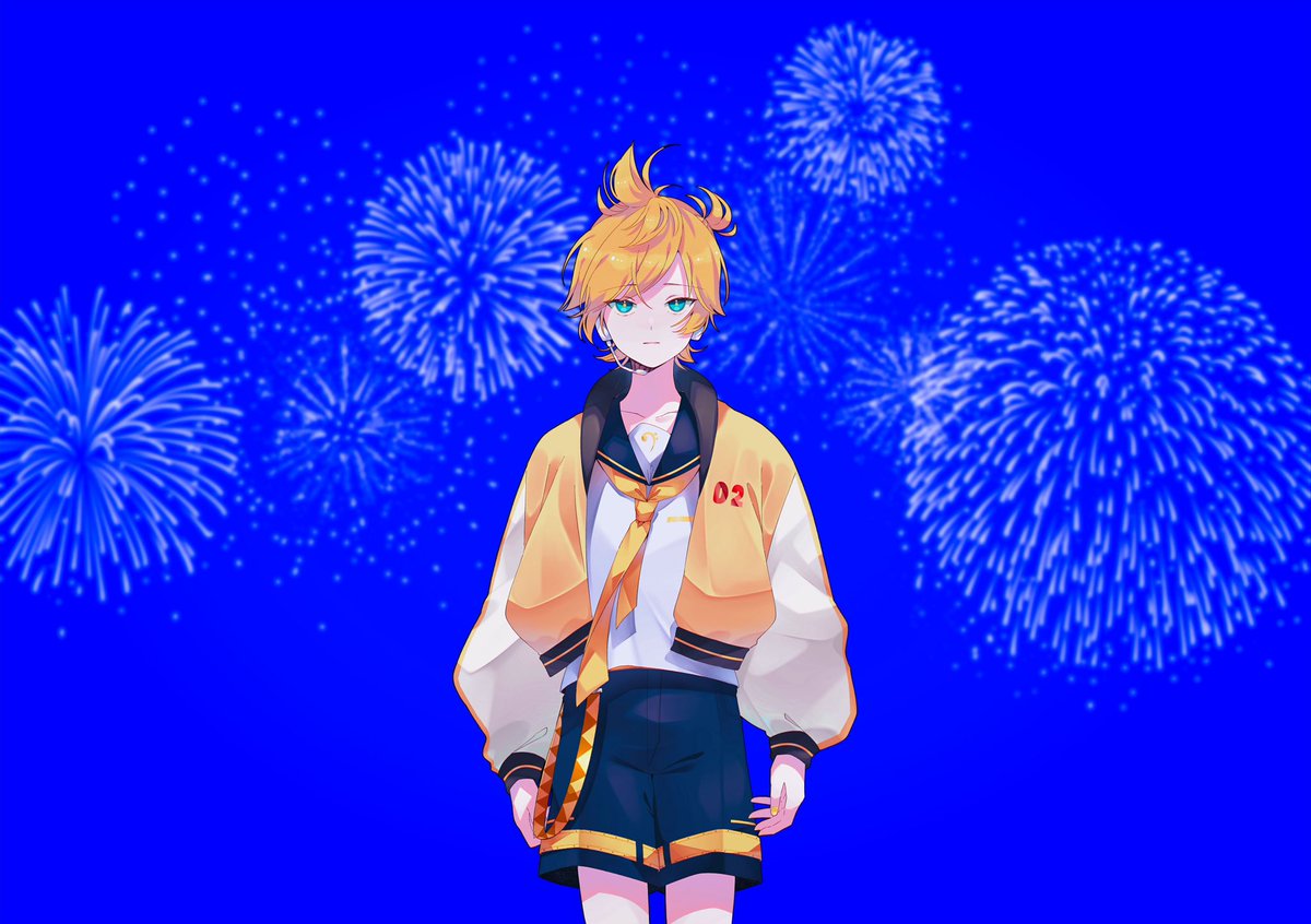 kagamine len 1boy blonde hair male focus fireworks shorts jacket sailor collar  illustration images
