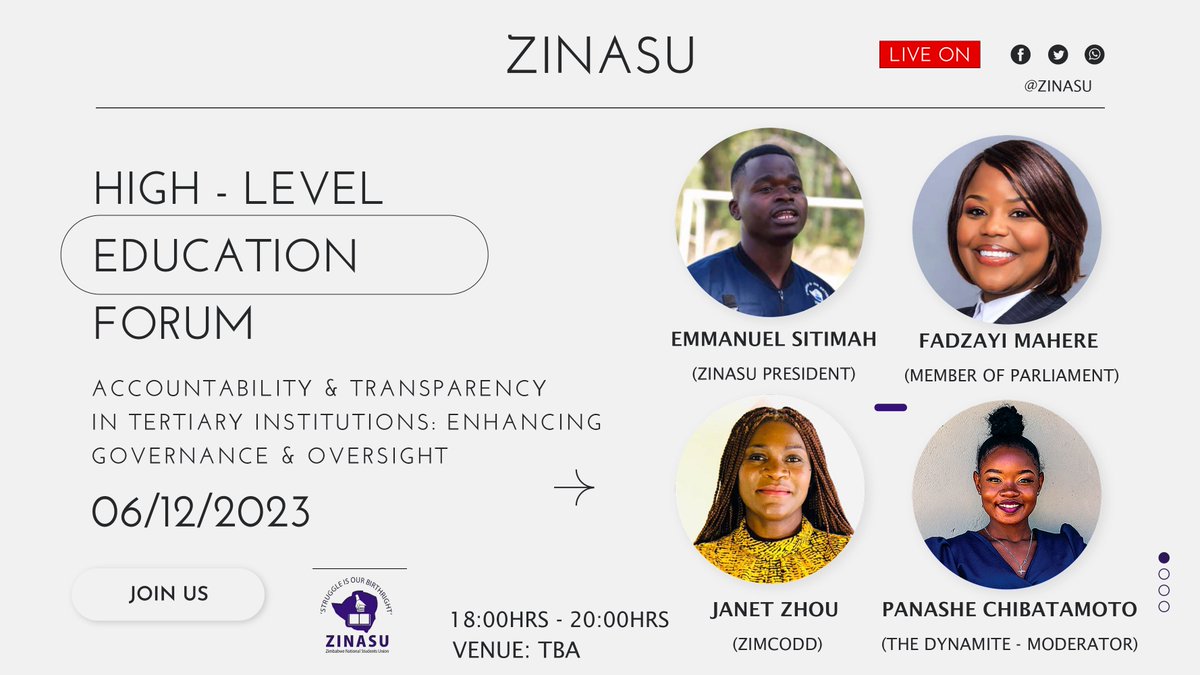 🔵🔊Save the date for our highly anticipated forum on ‘Accountability & transparency in tertiary institutions: Enhancing governance & oversight” 🗓️ 06 December 2023 ⏰ 18:00hrs - 20:00hrs 📍TBA PANELISTS - 🧵⤵️