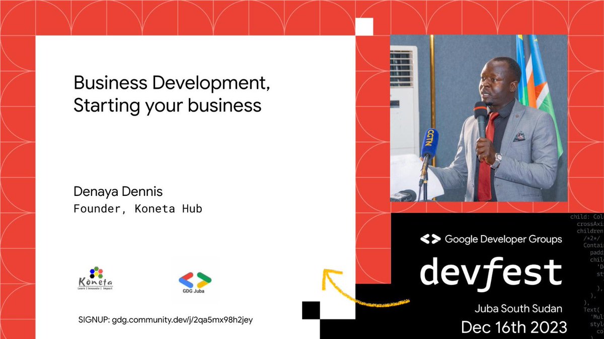 Connect. Learn. Grow. DevFest Juba 2023 is Here! 
Dive into the tech trends, connect with industry experts, and take your skills to new heights, learn how to build your own businness with business development tips. #DevFestJuba #gdgjuba #SSOT #SSOX