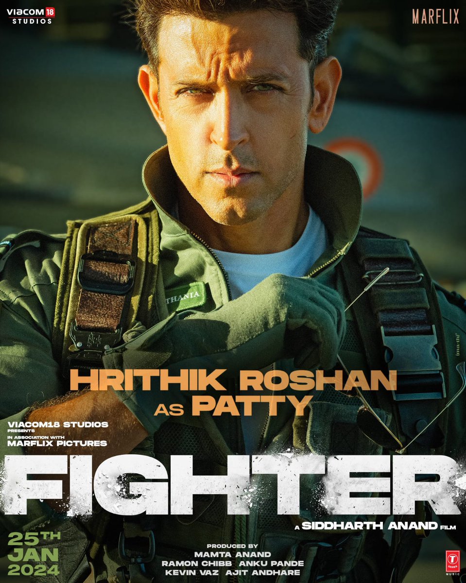 Here is the : First Look Poster Of #HrithikRoshan in a #Fighter As #Patty #FirstLook #FighterTeaser