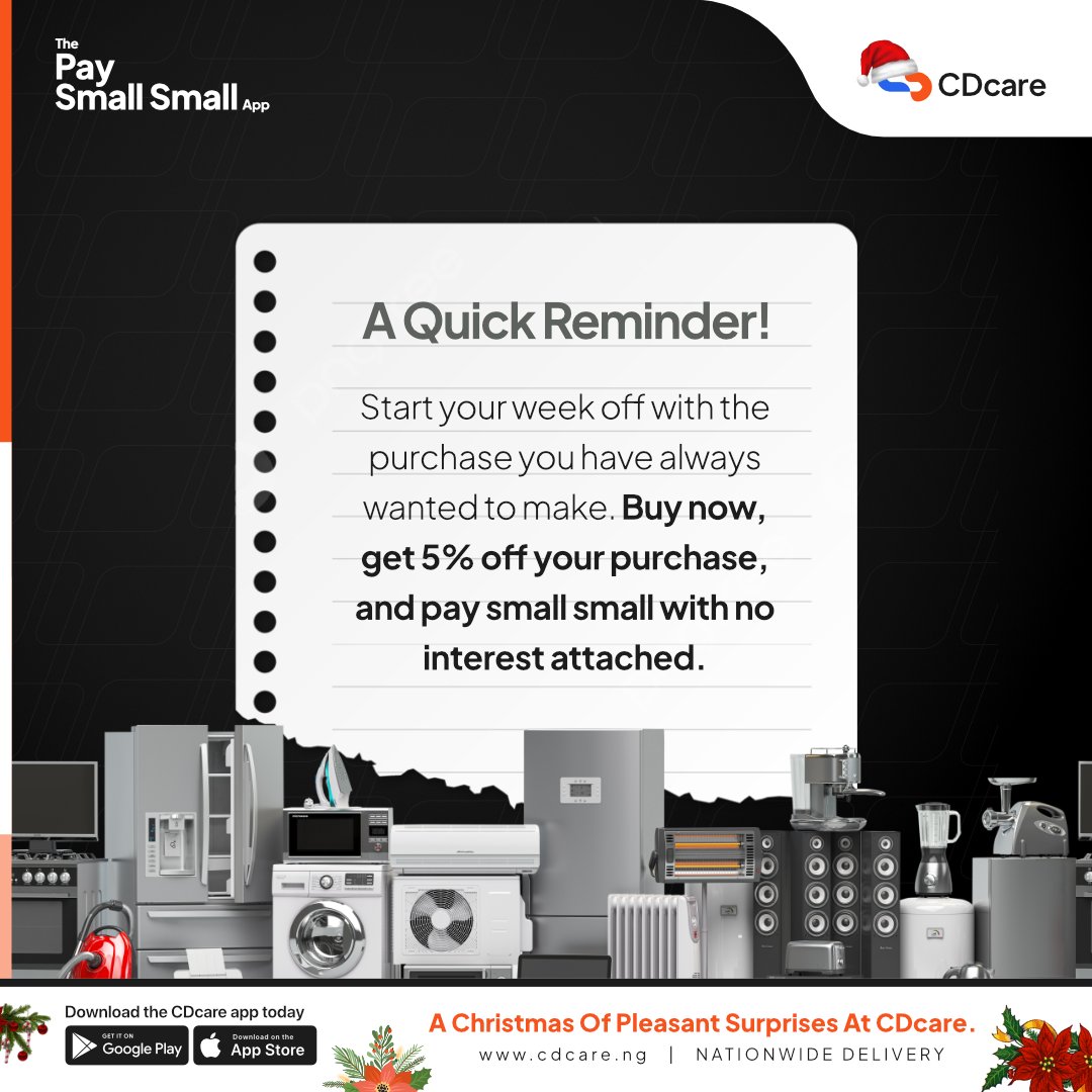 CDcareNG's tweet photo. Treat yourself to something special and save 5%!

Don't let this amazing deal slip away! Get 5% off your purchase today and enjoy the convenience of our no-interest instalment plan.

Click on the link to start now- https://t.co/INWCFQ238J

#CDcarepaysmallsmall #CDcareSantaPromo