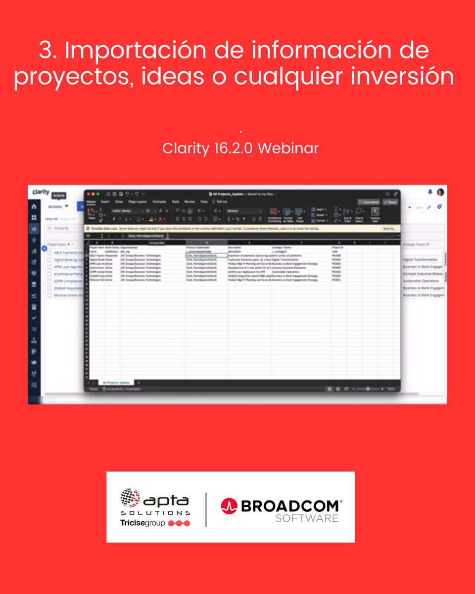 AptaSolutions's tweet photo. 🆕 #Clarity 16.2 (@BroadcomVSM) pone el foco en liberar funcionalidades que nos permitan gestionar los proyectos y tareas de la organización con una mejor UX

💡 Descubre las novedades en nuestro #Webinar ➡
https://t.co/2yXM1J50KK

#ValueOps #ValueStreamManagement #VSM #Broadcom https://t.co/gKDwb3jDTS