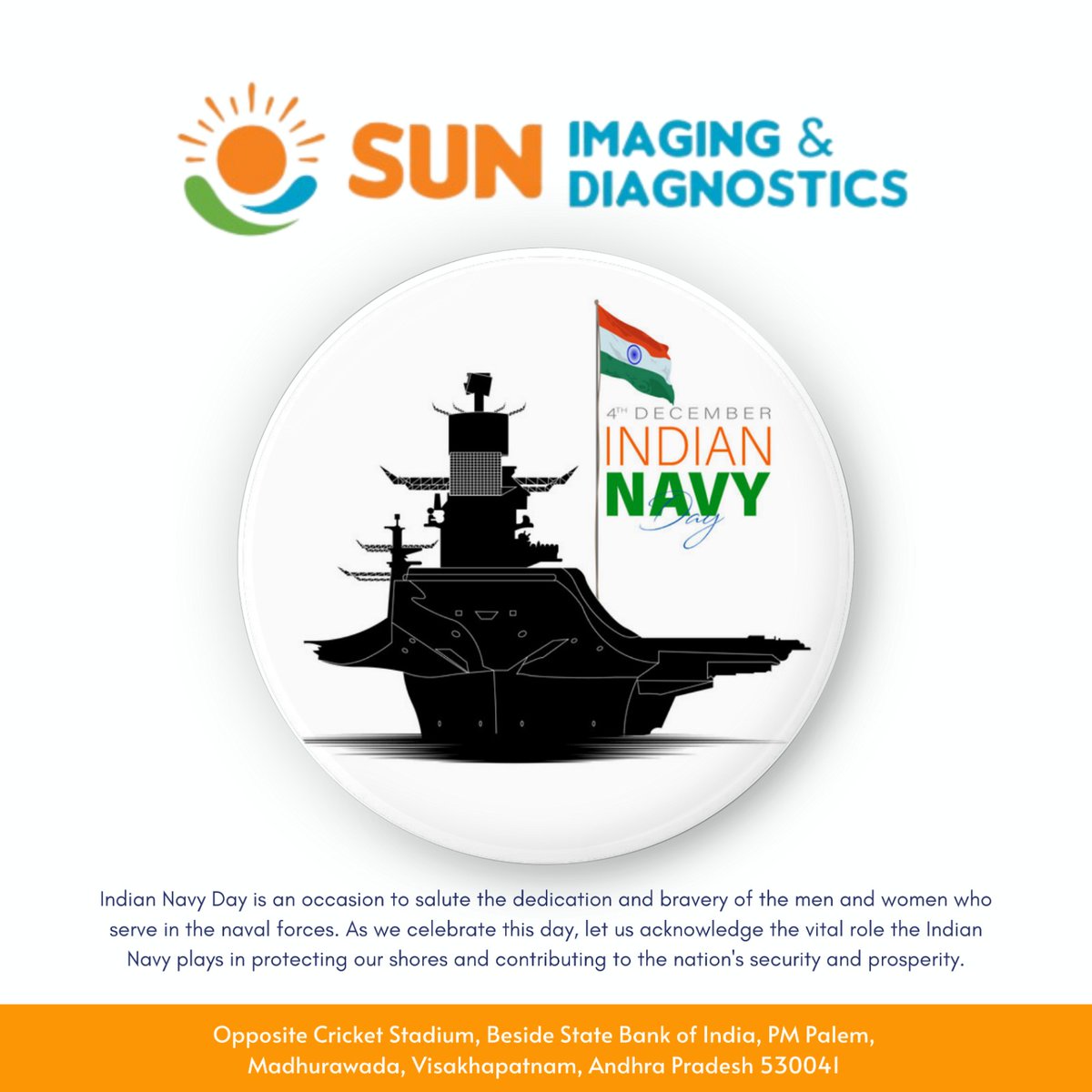 'On the occasion of Indian Navy Day, let's honor the brave men and women who serve our nation with dedication and courage. Jai Hind!'
#SunImagingandDiagnostics #IndianNavyDay #NavyHeroes #SaluteToBravery #NavalForces #DefendersAtSea #ProudIndian #MaritimePower #SecurityFirst