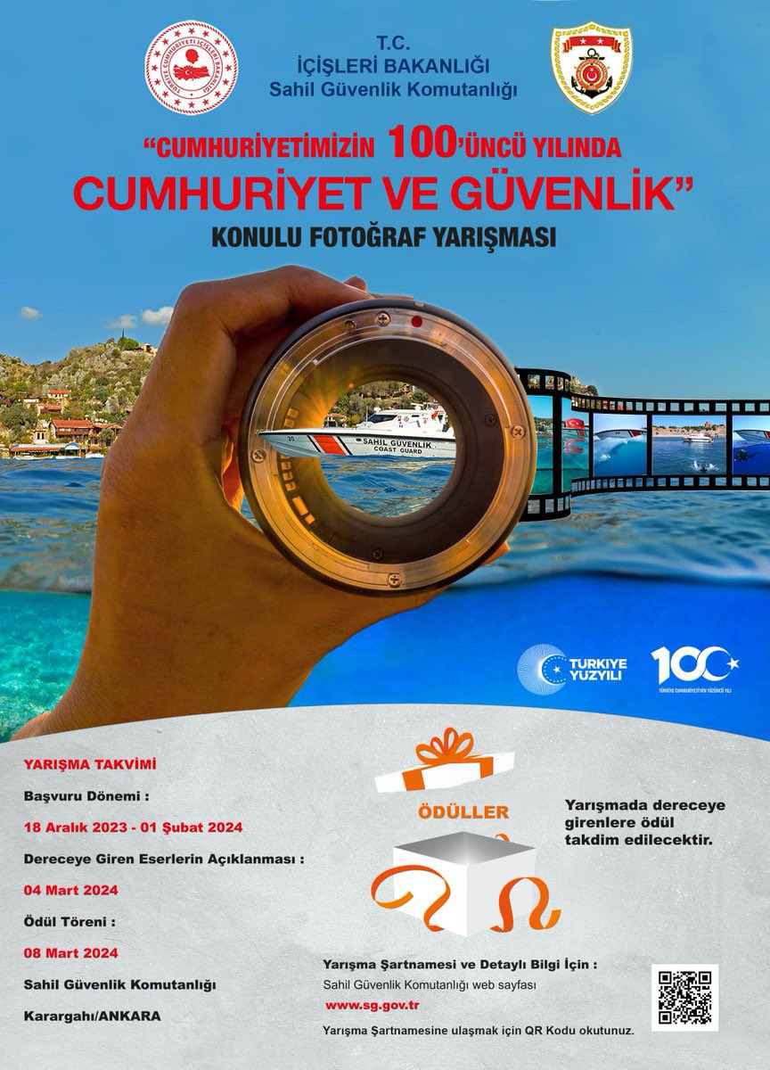 ⚓️Sahil Güvenlik Komutanlığı tarafından

🇹🇷"Cumhuriyetimizin  💯. yılında Cumhuriyet ve Güvenlik" konulu fotoğraf yarışması düzenlenecektir. 📸

Detaylı bilgi ve yarışma şartnamesi için 👇
sg.gov.tr/cumhuriyetimiz…

<a href="/sahilguvkom/">T.C. Sahil Güvenlik Komutanlığı</a>