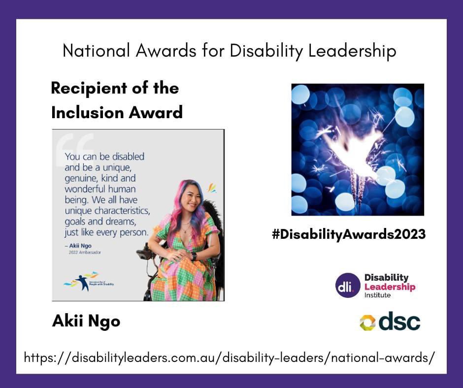 Celebrating #PwD shouldnt just be on #IDPWD, so I am doing so all week. 1st up: Akii Ngo, fellow recipient of one of a @DisabilityLead award! I met Akii in 2019 & have been in awe at their work since - from keynote speaking to runway appearances. See akiingo.com