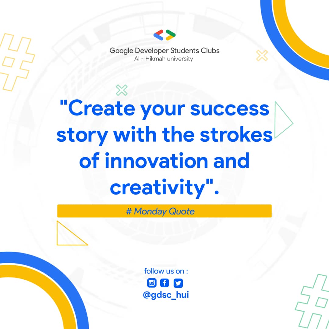 gdgoc_hui's tweet image. It&apos;s a new week!🤩
A fresh start to make those dreams a reality and meet our goals💫
Let&apos;s get it🚀

#GoogleDevelopersStudentClub #gdschui #MondayMotivation