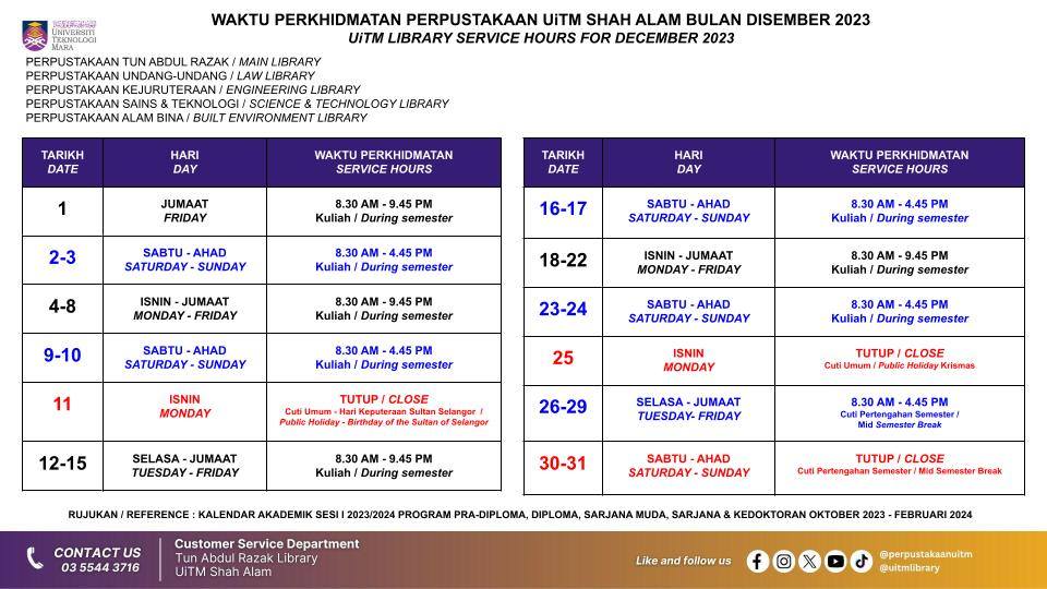PtarPuu's tweet photo. WAKTU OPERASI PERKHIDMATAN PERPUSTAKAAN TUN ABDUL RAZAK BULAN DISEMBER 2023 (TERTAKLUK KEPADA PINDAAN) https://t.co/3YSeS6hZgw