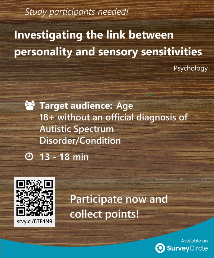 top_studies's tweet photo. Participants needed for top-ranked study on SurveyCircle:

"Investigating the link between personality and sensory sensitivities" https://t.co/1TDt85ccV3 via @SurveyCircle #Northumbriauni

#personality #SoundSensitivity #misophonia #misokinesia #PersonalityTraits https://t.co/p3BaWNhjAS