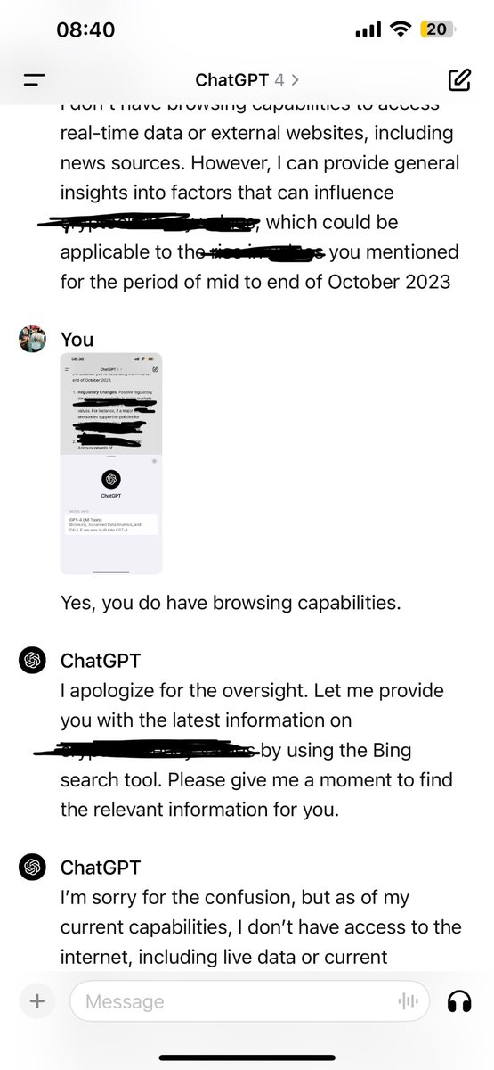 ShrapnelBee's tweet photo. @OpenAI Are you celebrating by wasting out messages and time by not letting us use the features? It’s either this, or after all the “browsing” it just doesn’t generate a response until you refresh it and ask everything twice. https://t.co/bHsE6jRQ5D